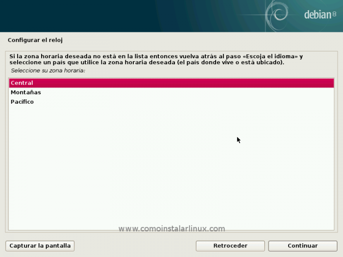 Debian 8 netinstall server config configurar time zone zona horaria servidor
