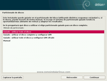 Debian 8 netinstall server config configurar servidor discos particiones formato volumen volume partition forman 