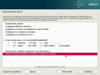Debian 8 netinstall server config configurar servidor discos particiones formato volumen volume partition forman 