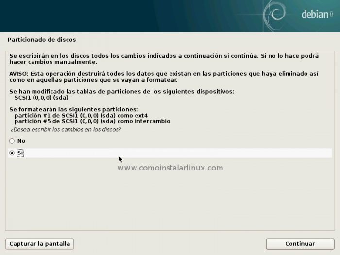 Debian 8 netinstall server config configurar servidor discos particiones formato volumen volume partition format