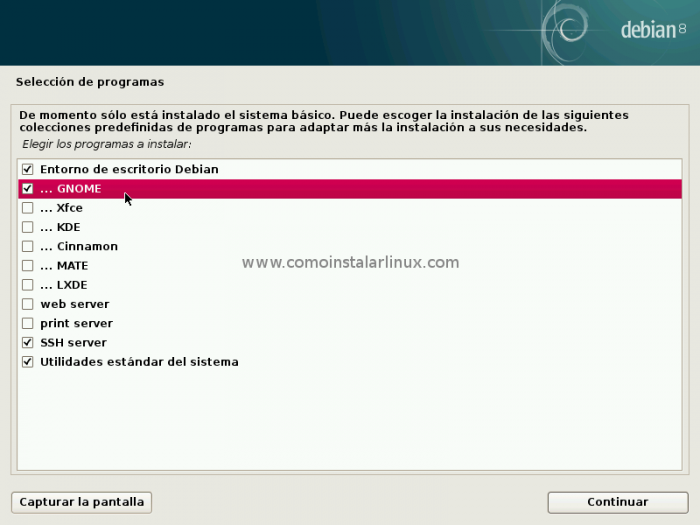 Debian 8 netinstall server config configurar servidor install config software packages selection ssh web server 
