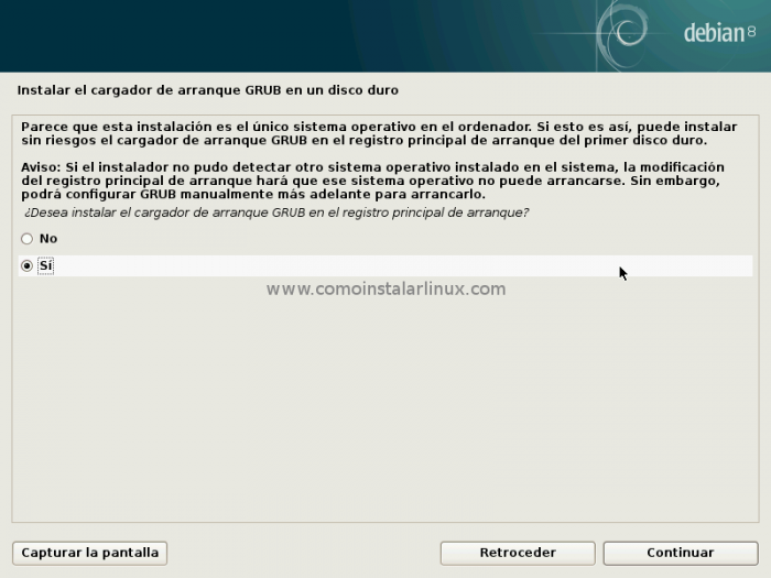 Debian 8 netinstall server config configurar servidor install config grub boot loader cargador de arranque 