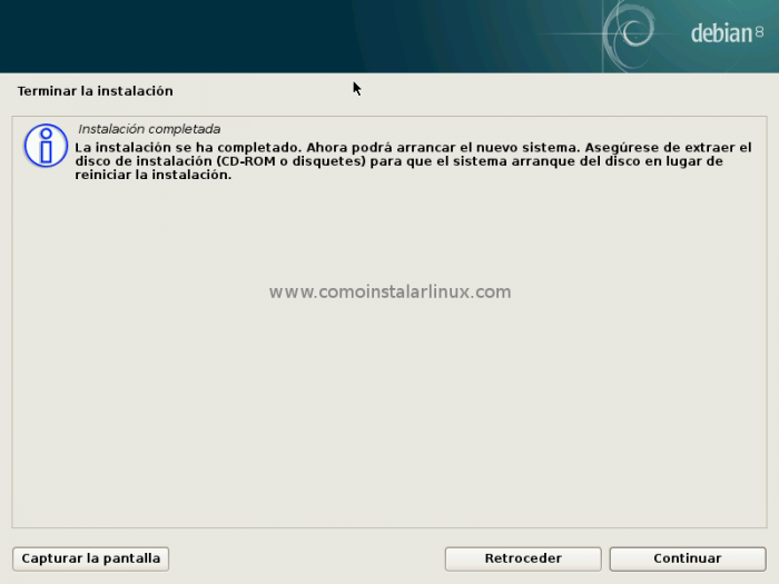 Debian 8 netinstall final instalation screen 