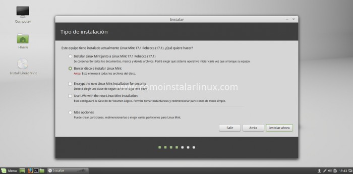 Como Instalar LInux Mint 17.2 Selección de disco y particiones install download