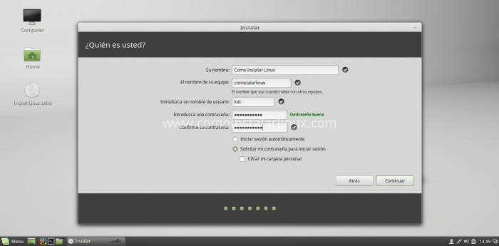 como instalar linux mint 17.2 rafaela configurar usuario y contraseñas user password config download install