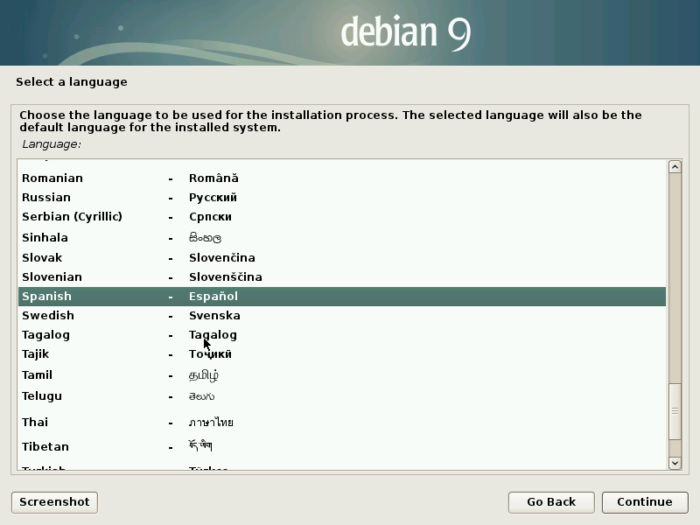 Debian 9 stretch install instalacion seleccion de idioma language selection