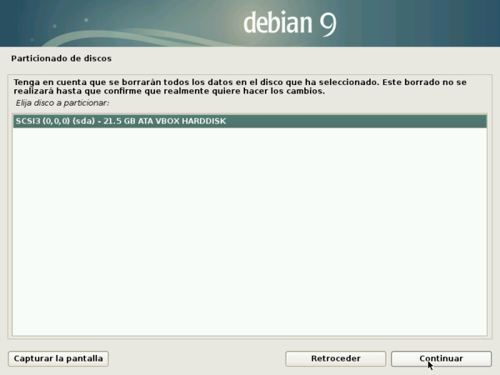 Debian 9 stretch install disk disco seleccionar