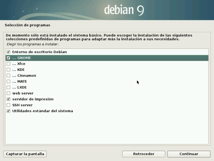 Debian 9 stretch desktop install gnome instalación escritorio GNOME