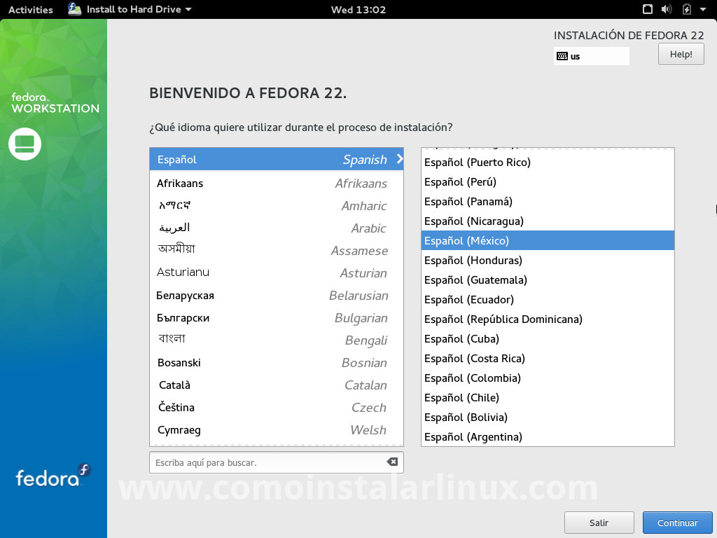 como instalar fedora 22 install fedora seleccion de idioma y localizacion mexico español