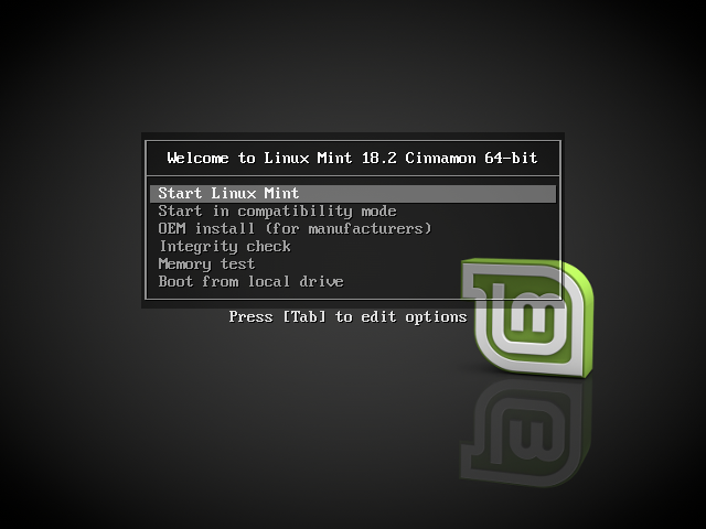 Instalación de Linux Mint 18.2 sonya pantalla de arranque de la instalacion