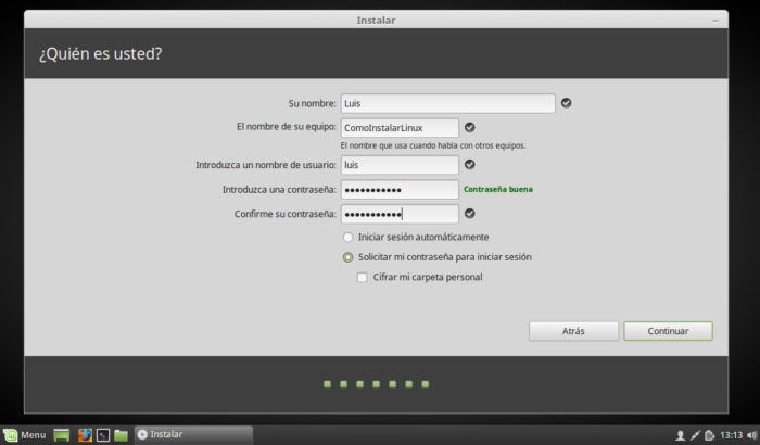 Linux Mint 18.2 install installar setup user and password usuario y contraseña