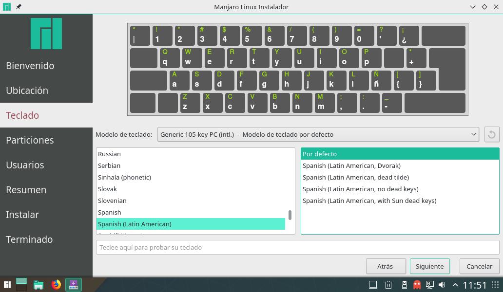 La distribucíón del teclado instalación de Manajro Linux 17.1.6