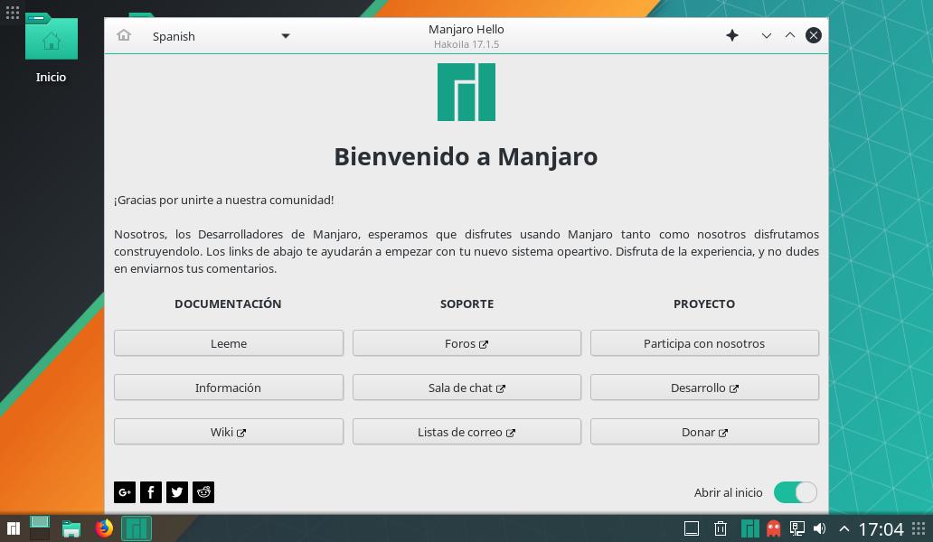 Ventana de Bienvenida de Manjaro 17.1.6 KDE