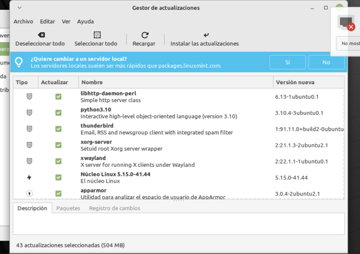 Gestor de Actualizaciones en Linux Mint 21 