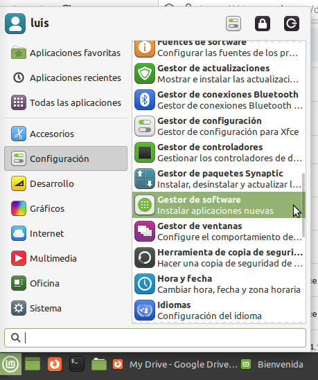 Menu para encontrar el Gestor de Software en Linux Mint 21