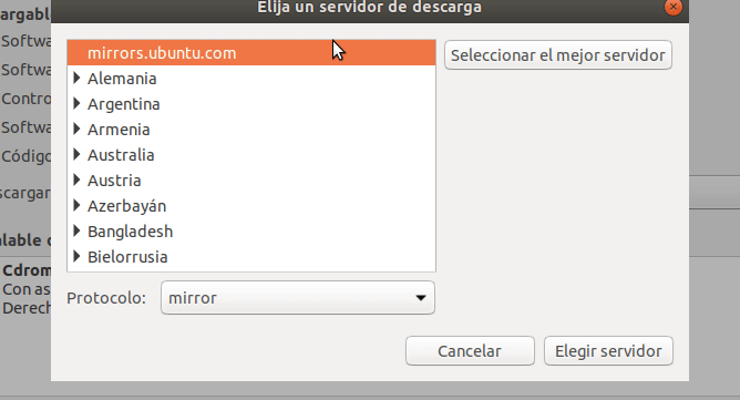 seleccionar servidor ubuntu 18.04