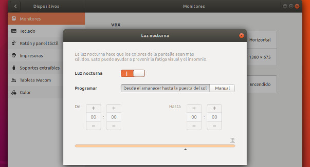 ubuntu 18.04 monitor nigth light luz nocturna